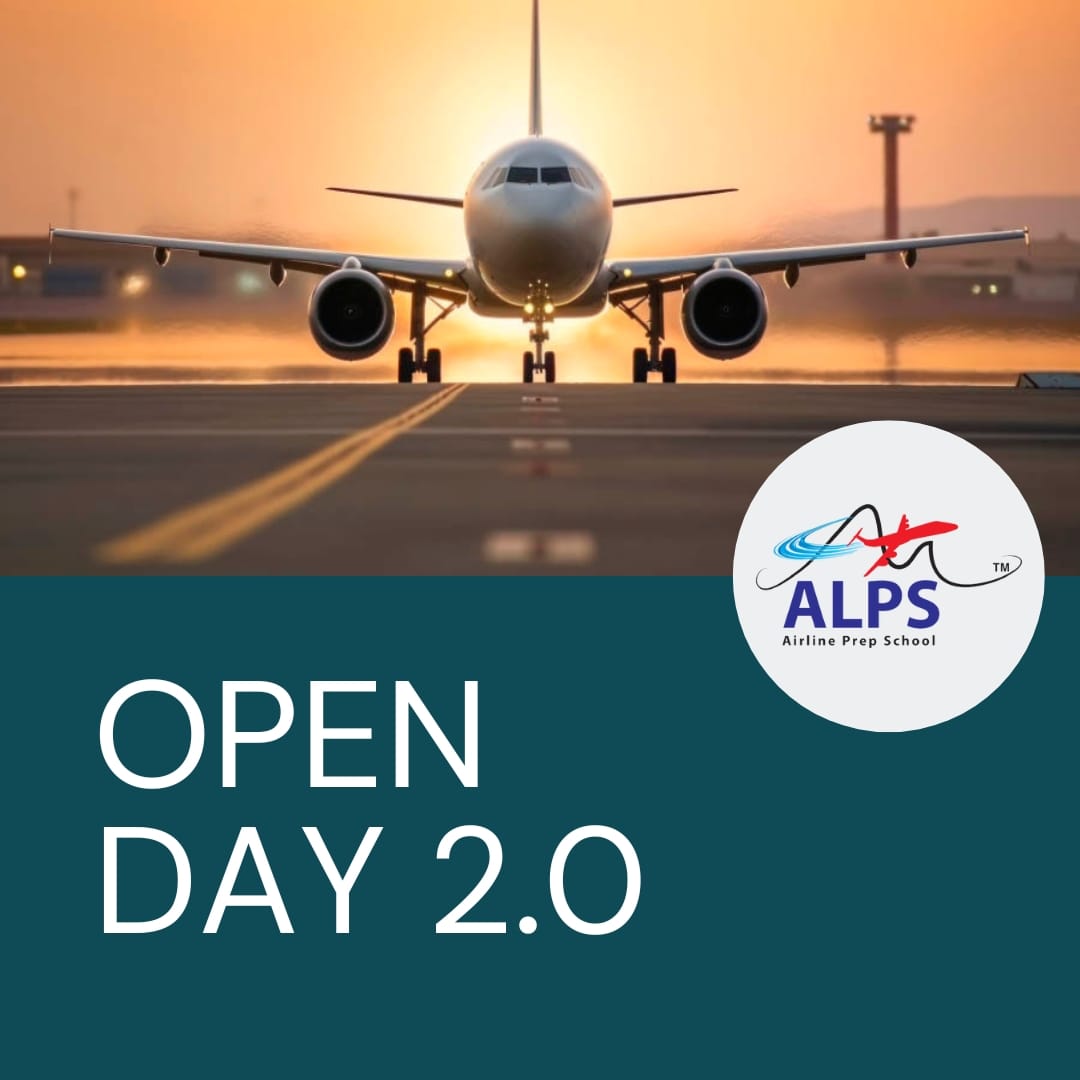 A commercial airplane is captured mid-landing on a runway during sunset. Below, bold text announces "OPEN DAY 2.0" for Airline Prep School (ALPS). The event details highlight limited seats, free spots for the first 30 registrants, and a call to comment ‘OPENDAY’ for more information. The ALPS logo is prominently placed in the corner.