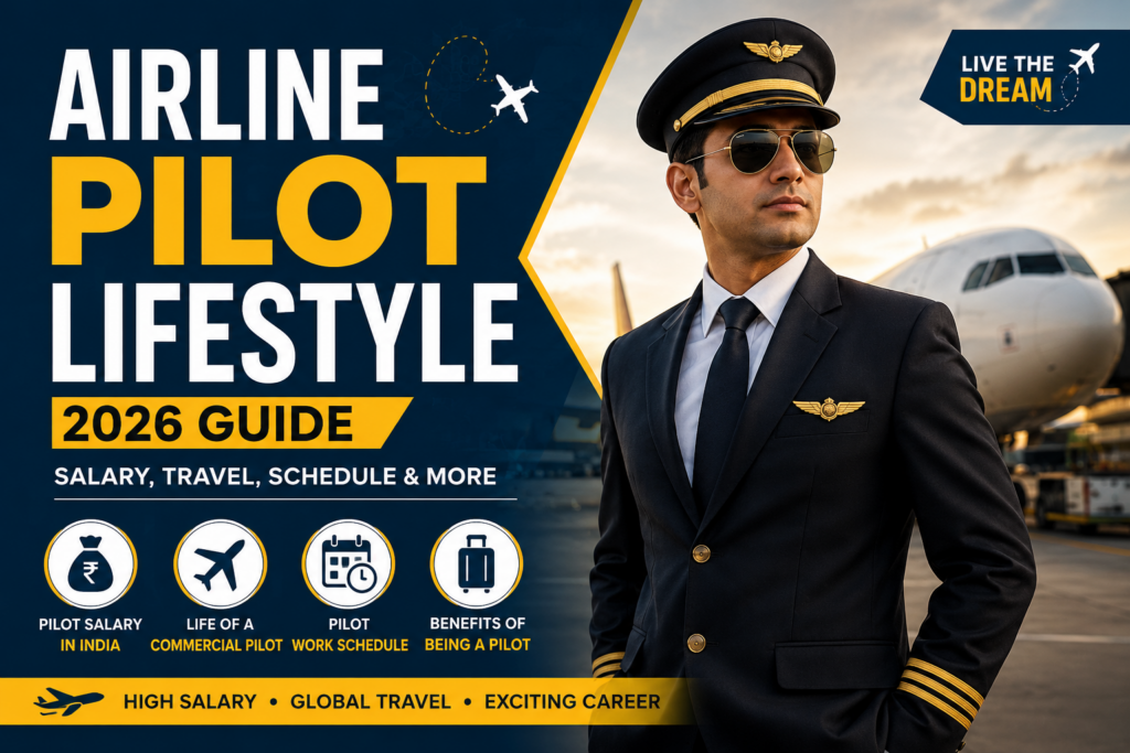 Airline Pilot Lifestyle in 2026 showing pilot salary, travel benefits, and pilot work schedule