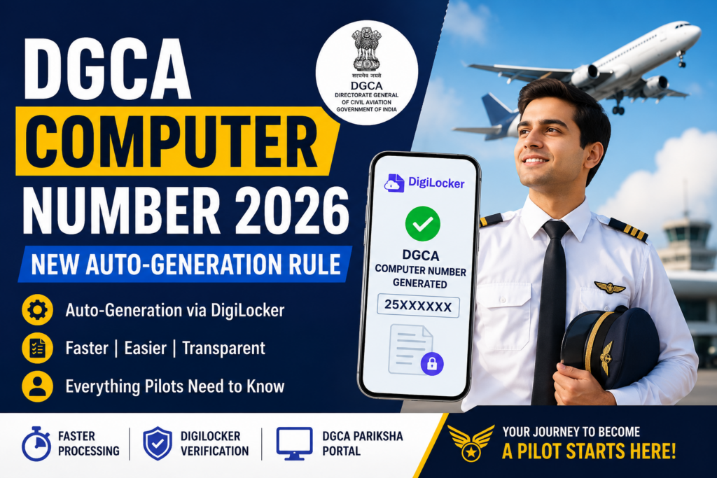 DGCA Computer Number 2026 auto-generation update thumbnail showing pilot, aircraft, DigiLocker verification, and DGCA Pariksha portal process.