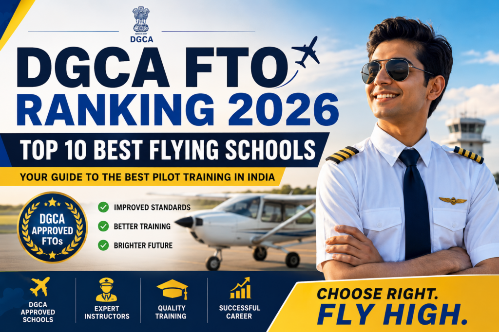 DGCA FTO Ranking 2026 thumbnail featuring top flying schools in India, commercial pilot training, DGCA-approved FTOs, and aspiring airline pilot career guidance.