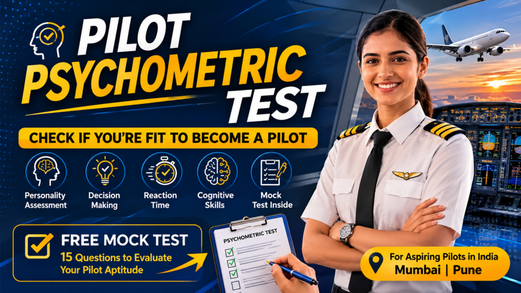 Pilot Psychometric Test blog thumbnail featuring a female pilot, cockpit background, aviation graphics, and mock psychometric test information for aspiring pilots in India.