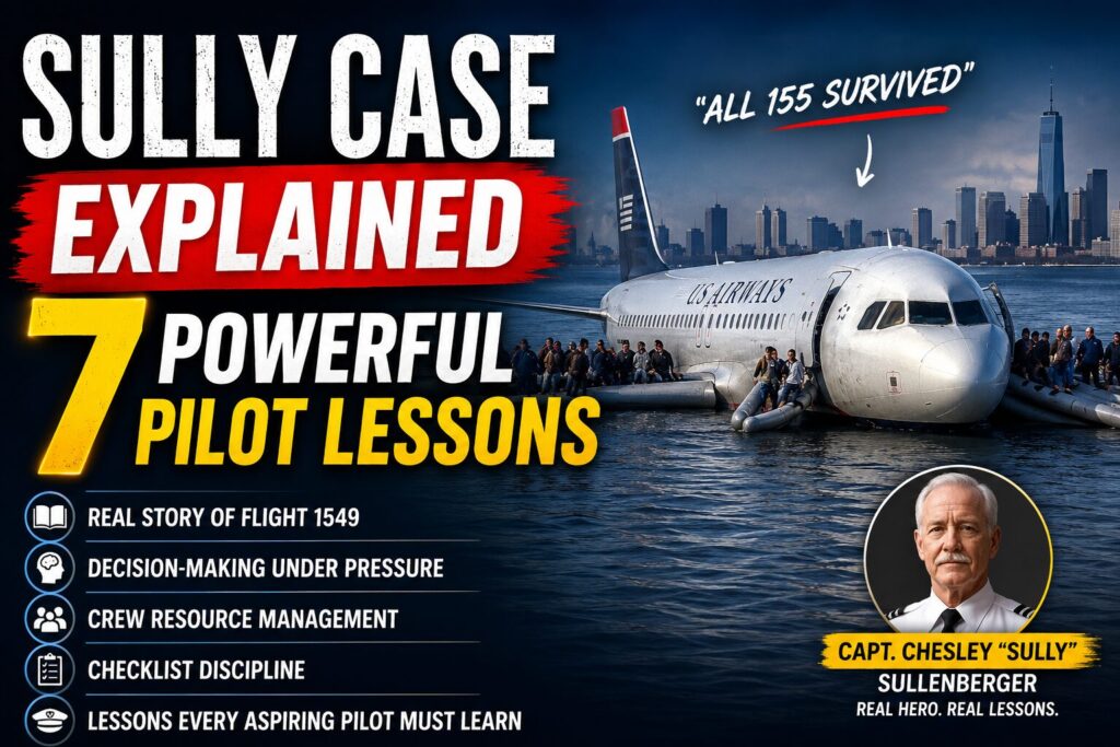 Sully Case Explained blog thumbnail showing US Airways Flight 1549 ditching in the Hudson River after a bird strike with 7 powerful pilot lessons highlighted.