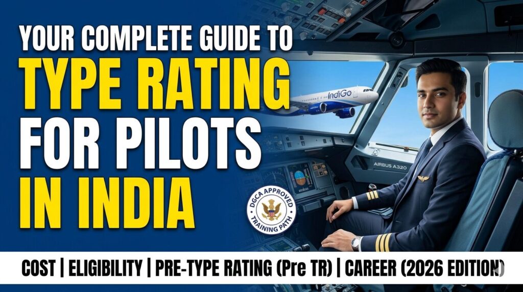 An Indian airline pilot in an Airbus A320 cockpit with a commercial jet flying in the background, featuring bold text overlay that reads 'Your Complete Guide to Type Rating for Pilots in India (2026 Edition)' alongside a DGCA approved training emblem.