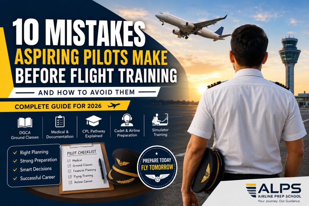 Top 10 mistakes aspiring pilots make before starting flight training in India, including DGCA preparation, Class 1 Medical, CPL planning, and airline career guidance by ALPS.