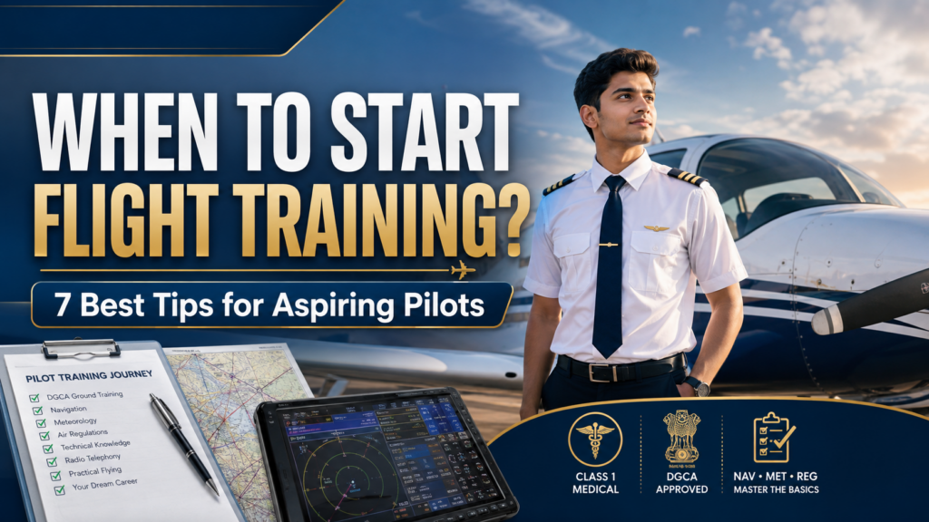 When to start flight training? Premium aviation training thumbnail featuring a young Indian commercial pilot in uniform standing beside a single-engine training aircraft, with DGCA ground training, navigation charts, Class 1 Medical and pilot preparation cues in the background.